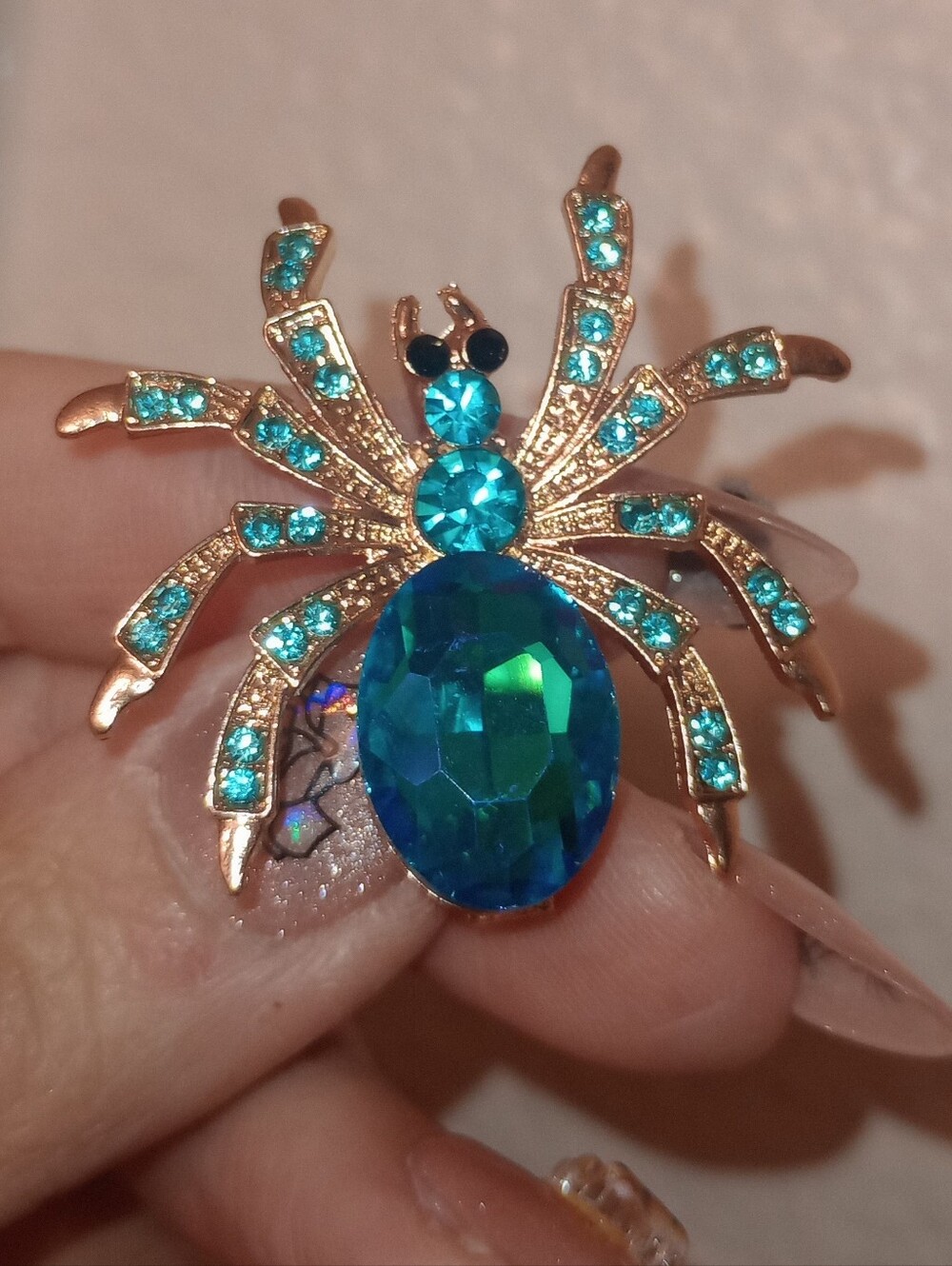 Gold-Tone Blue Crystal Spider Brooch